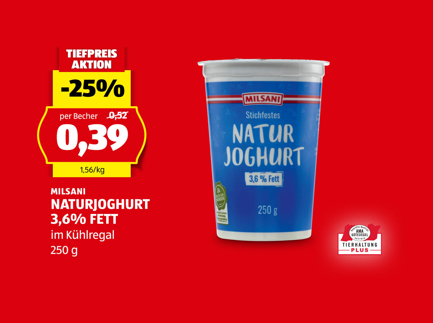 Milsani Naturjoghurt 3,6% Fett, € 0,39