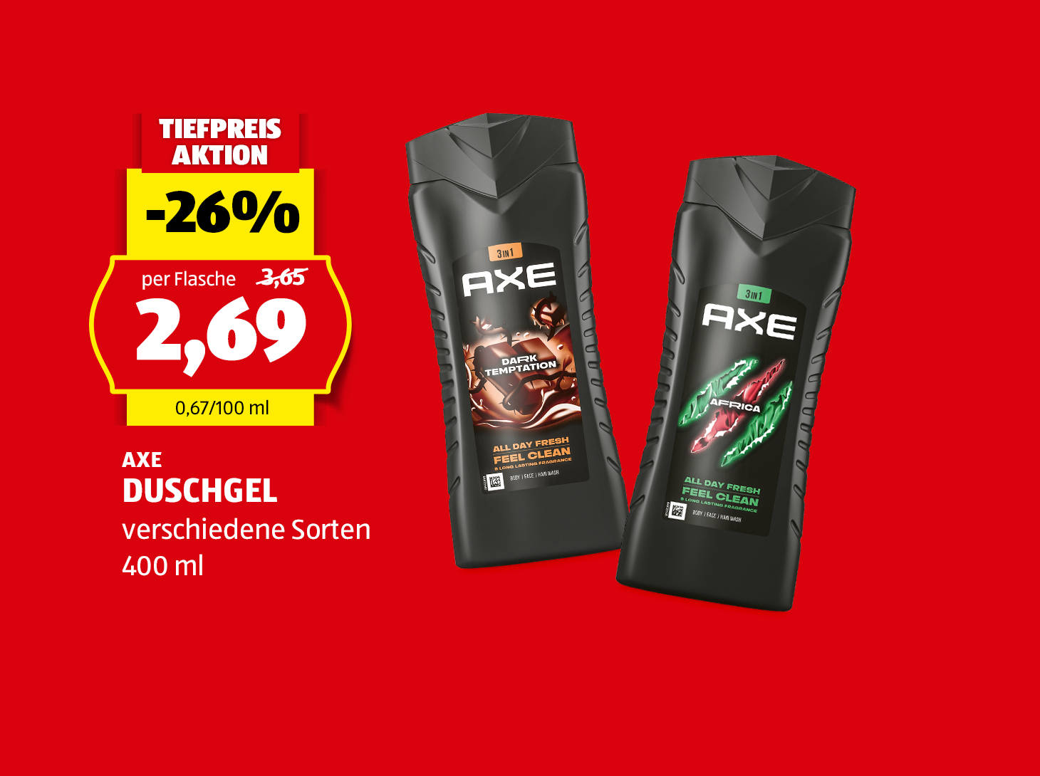 Axe, Duschgel, 400 ml, in verschiedenen Sorten erhältlich, € 2,69