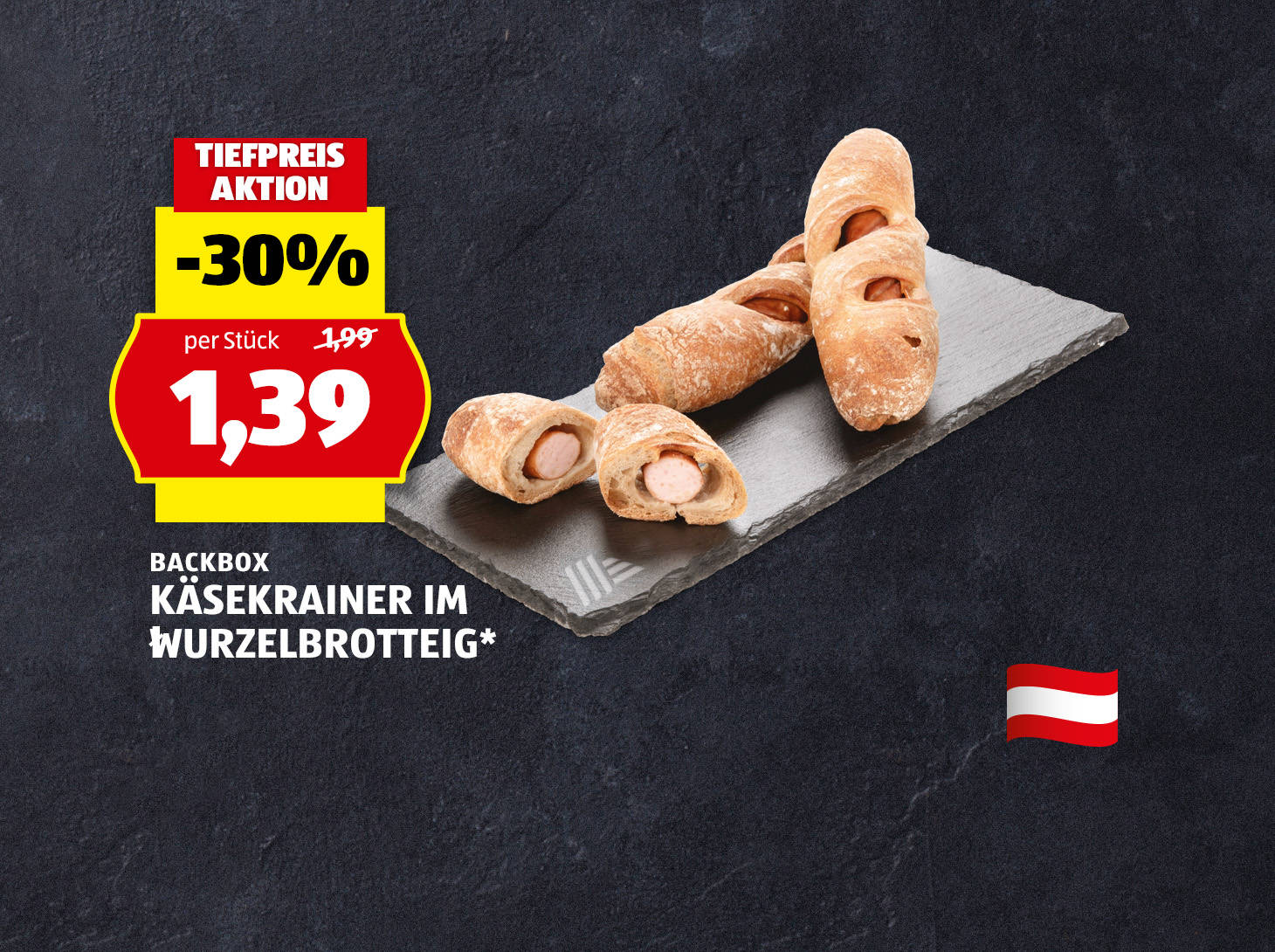 Backbox Käsekrainer im Wurzelbrotteig*, € 1,39
