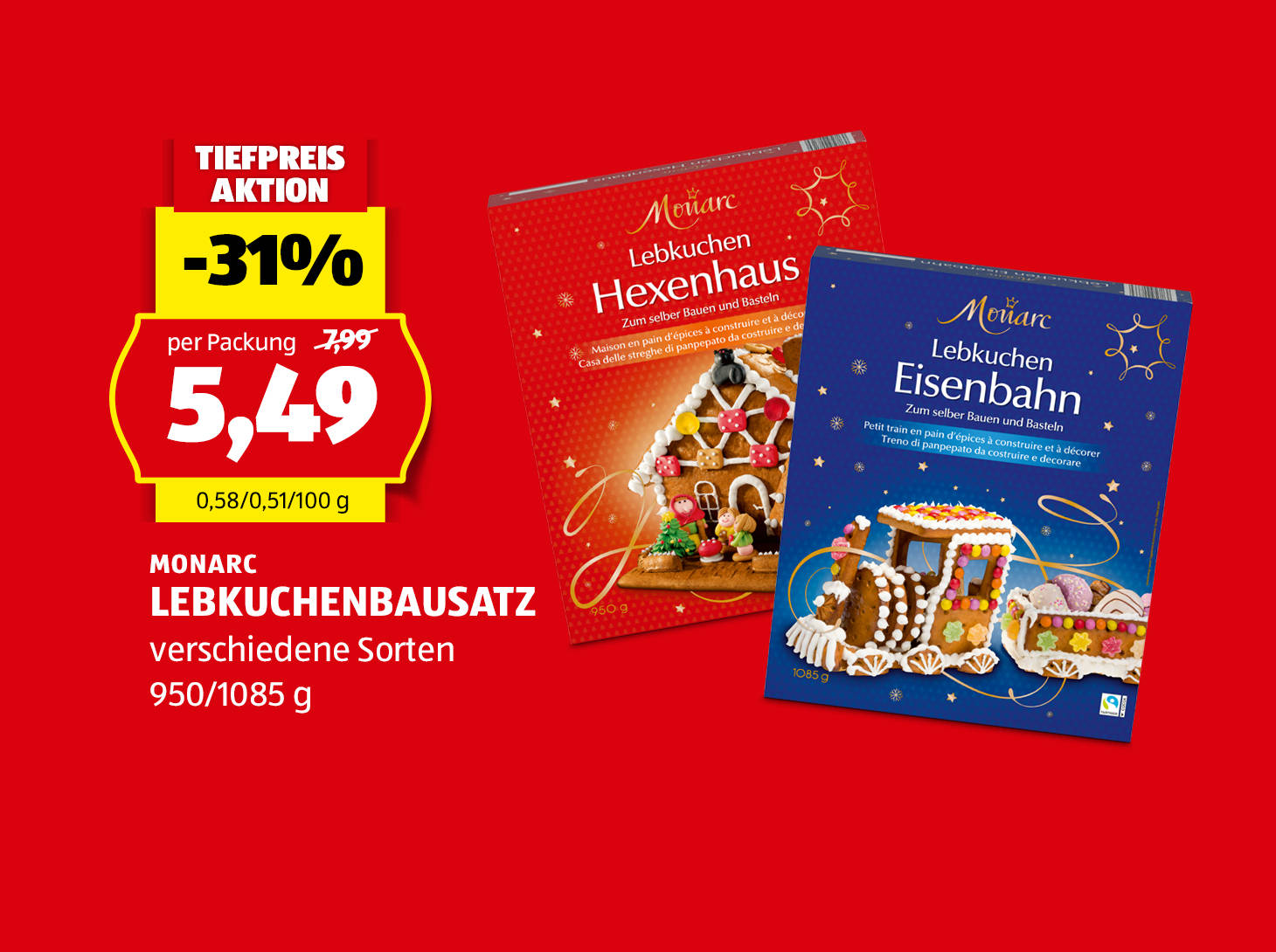 Monarc Lebkuchen Bausatz, 950/1085 g, statt € 7,99 per Packung nur € 5,49