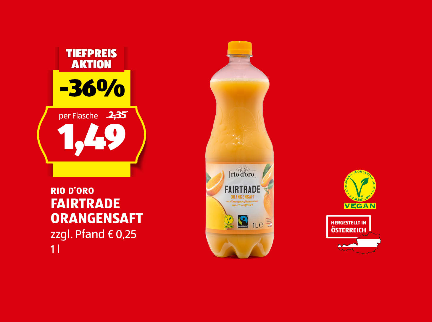 Rio D'oro Fairtrade Orangensaft, 1 l, statt € 2,35 per Flasche nur € 1,49
