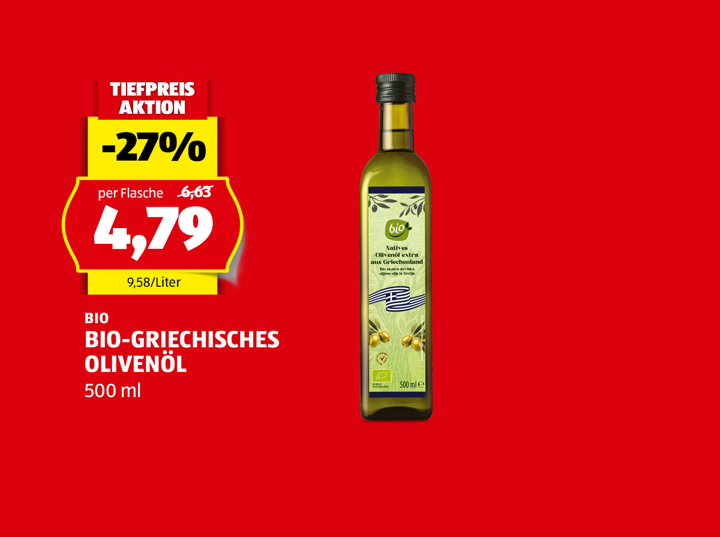 Bio-Greichisches Olivenöl, 500 ml, statt € 6,63 per Flasche nur € 4,79