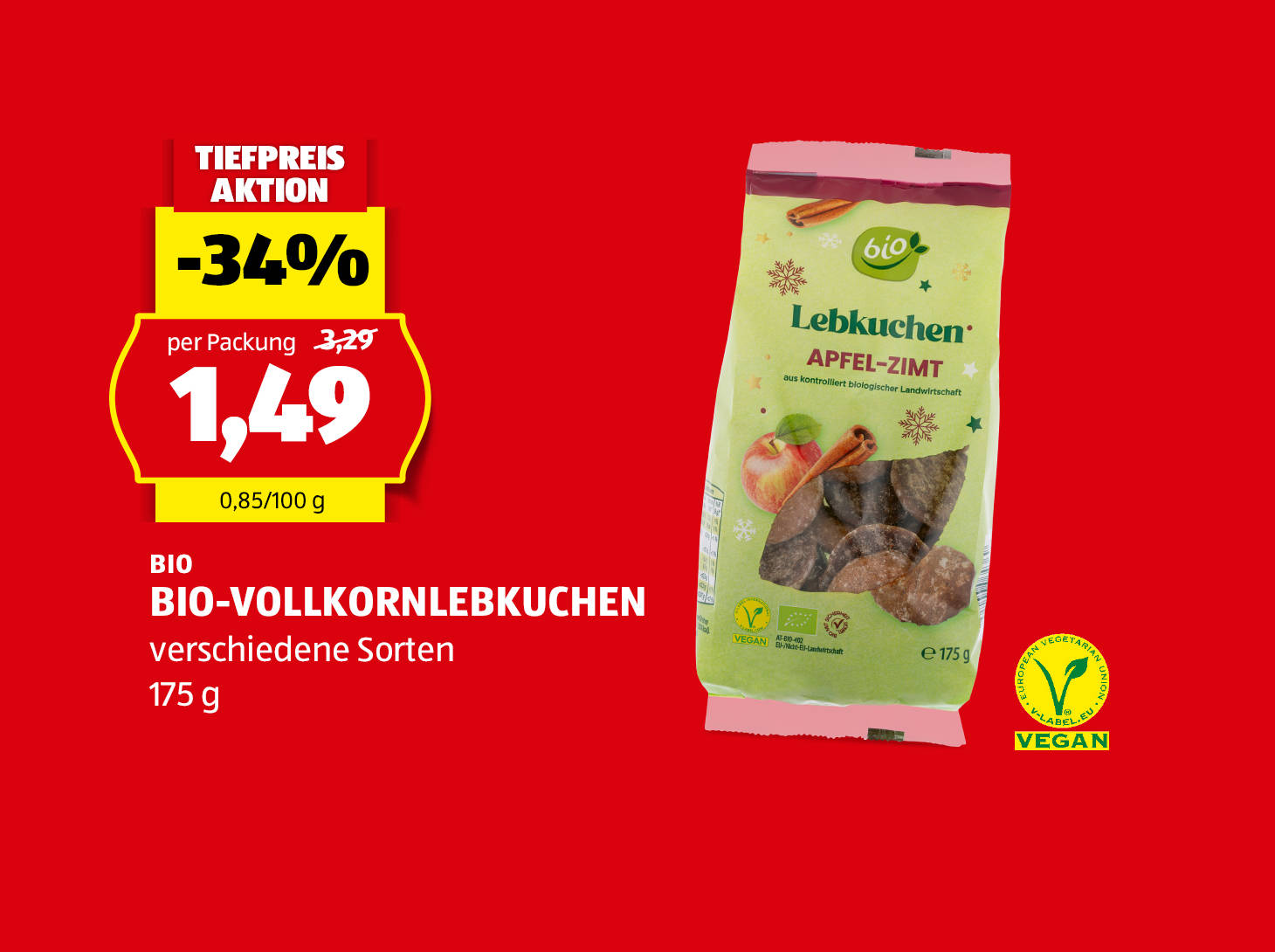 Bio-Vollkorn-Lebkuchen, 175 g, in verschiedenen Sorten, statt € 2,29 per Packung nur € 1,49