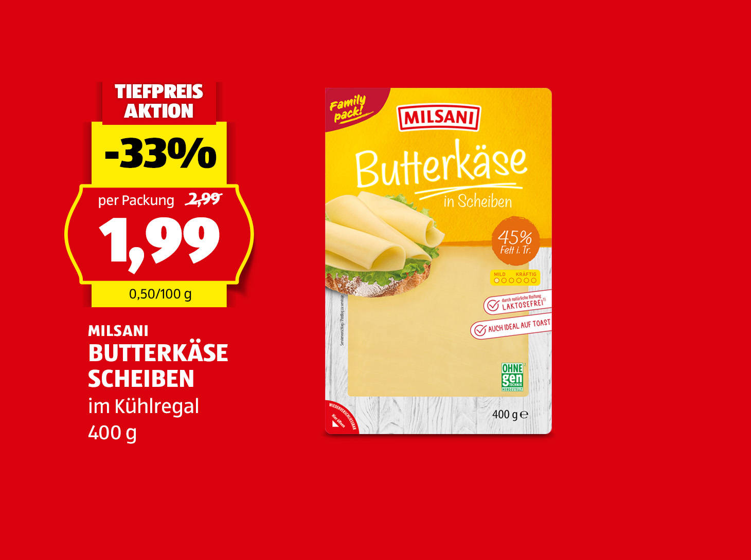 Milsani Butterkäse Scheiben, € 1,99