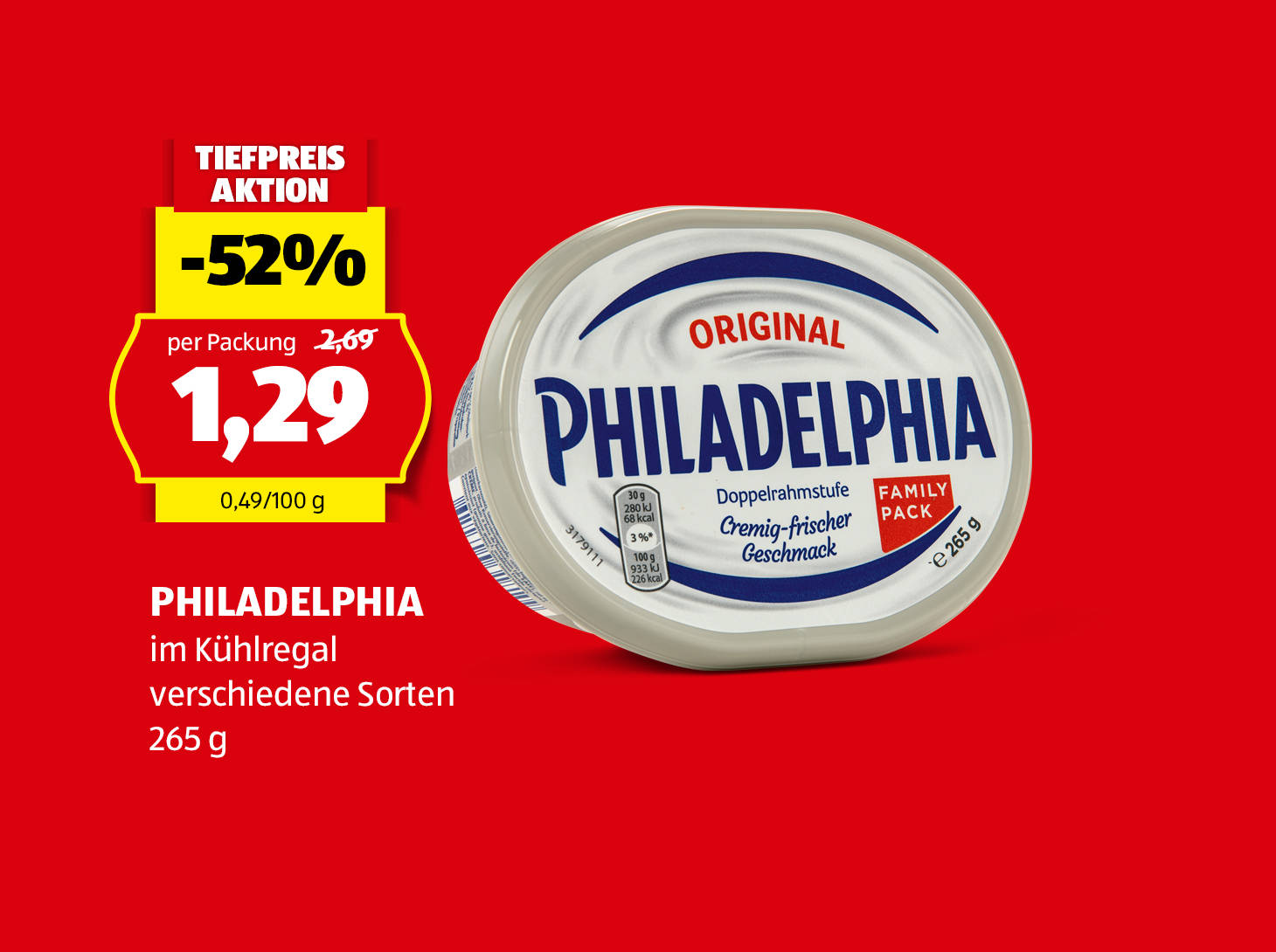 Philadelphia, 265 g, in verschiedenen Sorten erhältlich, € 1,29
