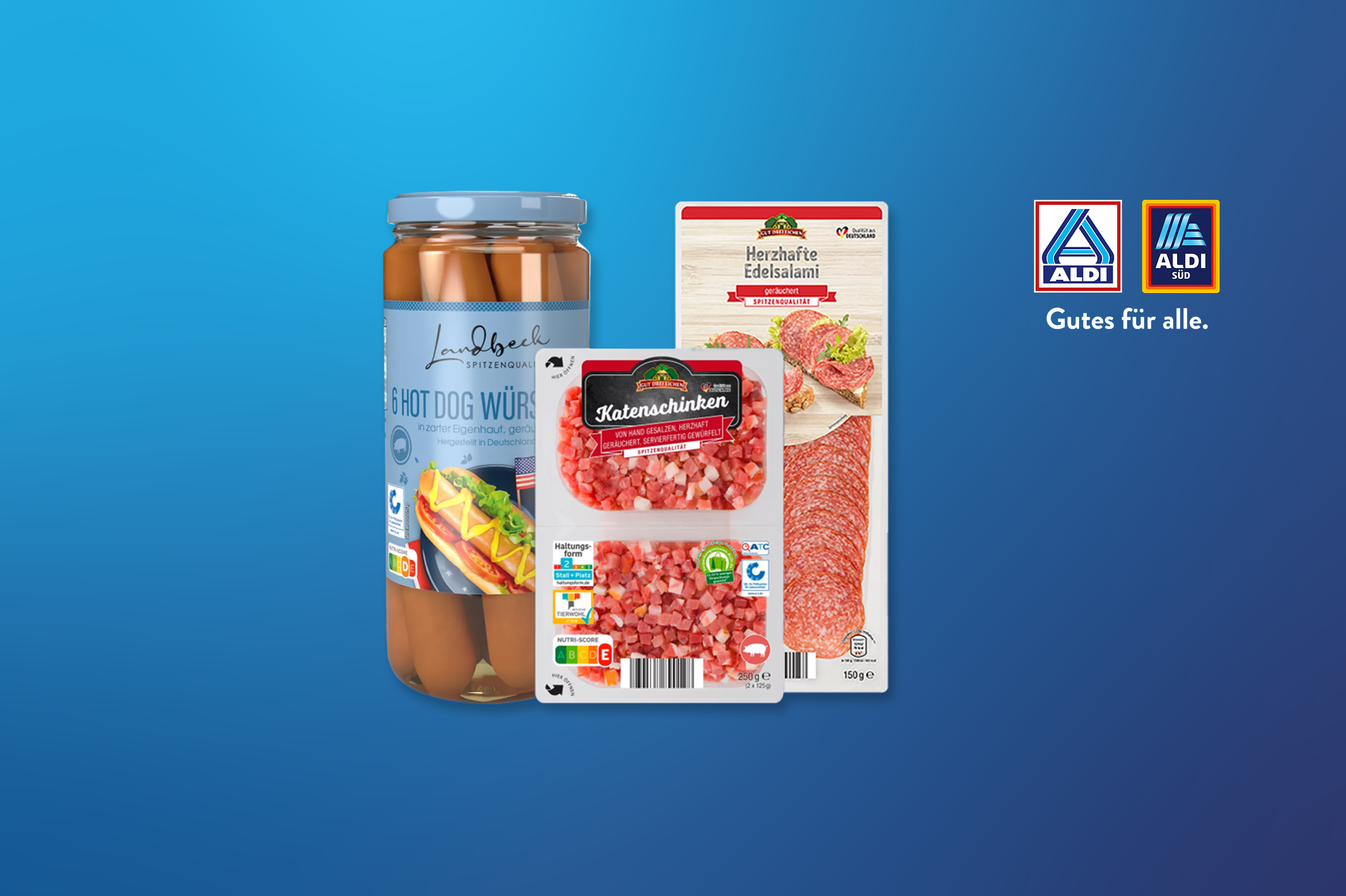 Drei Aldi-Wurstwaren: LANDBECK Hot Dogs, GUT DREI EICHEN Schinkenwürfel und Edelsalami.