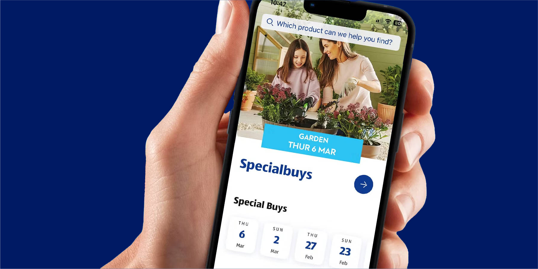 A vibrant spring-themed promotional card featuring colorful flowers and greenery, highlighting Aldi's free app