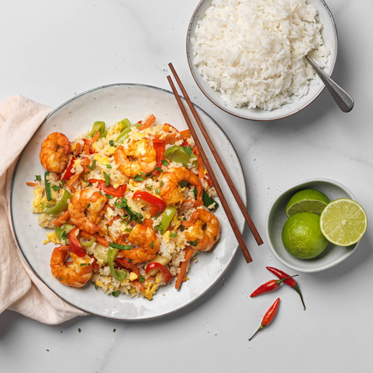 Serviervorschlag: Gebratener Reis mit Black-Tiger-Crevetten