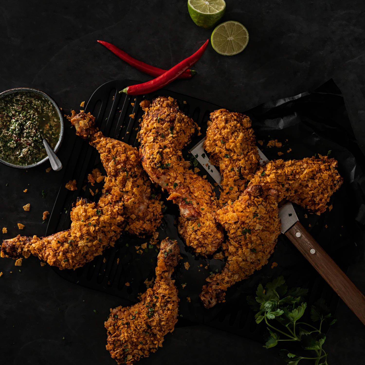 Serviervorschlag: Crispy Pouletschenkel vom Grill mit asiatischer Koriander-Chilisauce