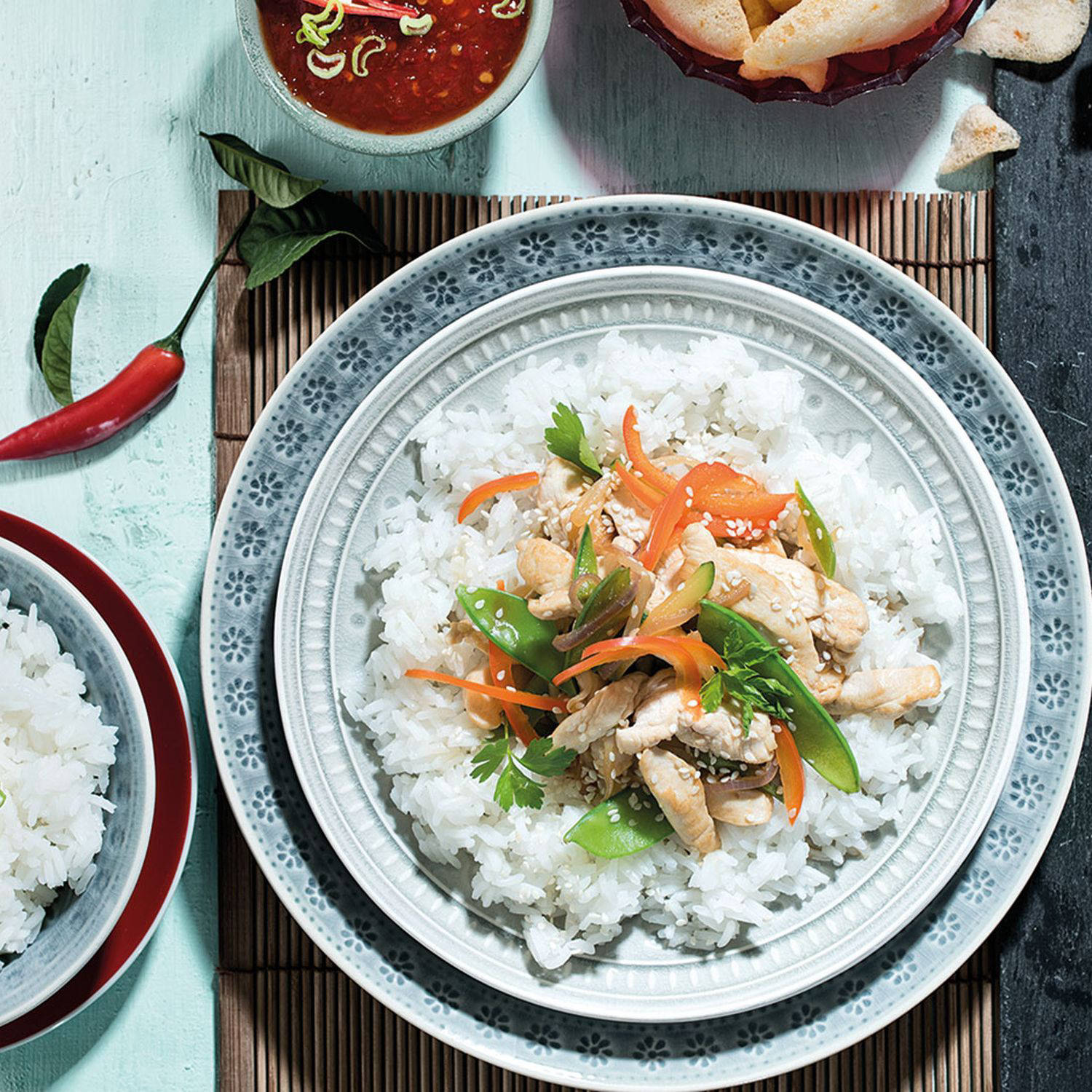Serviervorschlag: Jasminreis-Sesam-Wok
