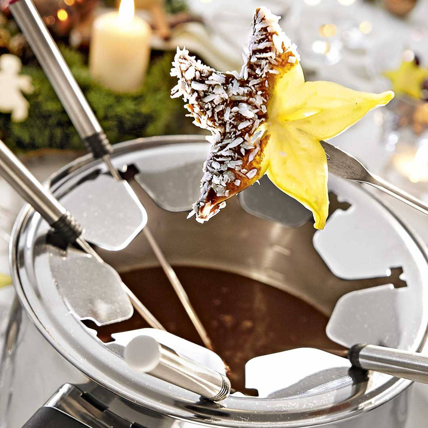 Serviervorschlag: Schokoladenfondue mit Obst