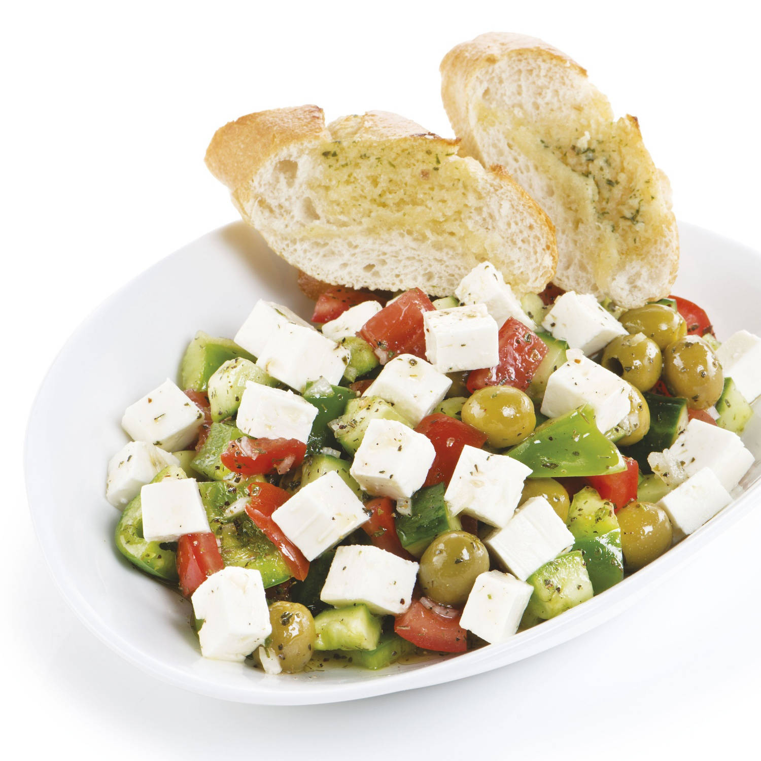 Grška solata z ovčjim ali kozjim sirom in bageto z zeliščnim maslom