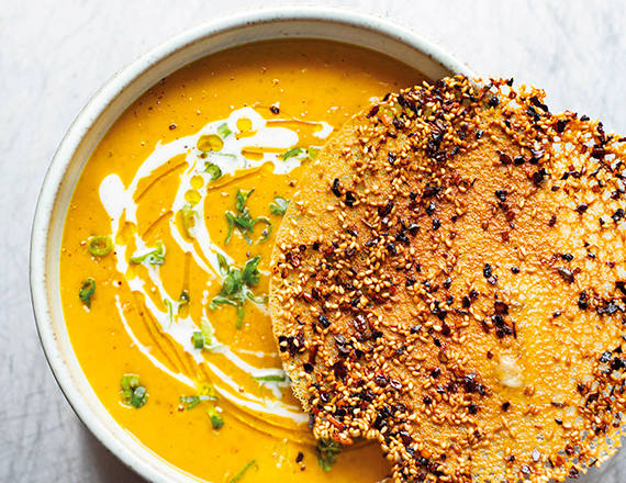 Squash soup with sesame cheese cracker recipe image