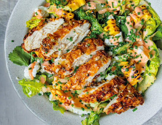 Cornflake air fried chicken salad recipe image