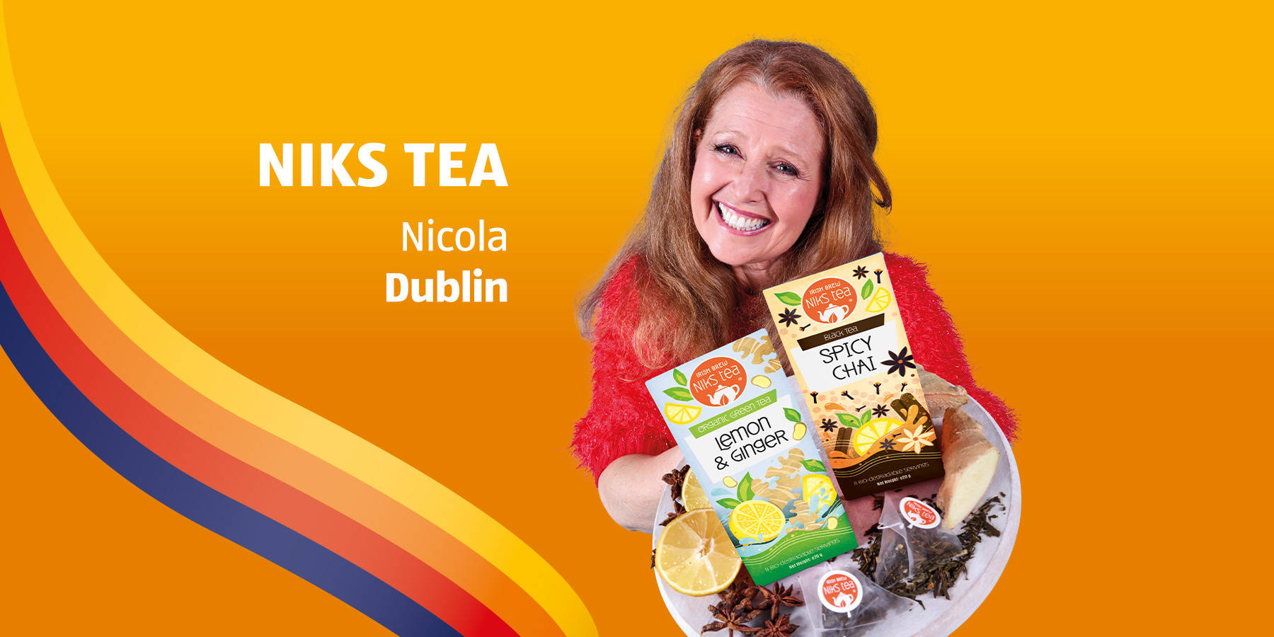 Niks Tea products with vibrant display