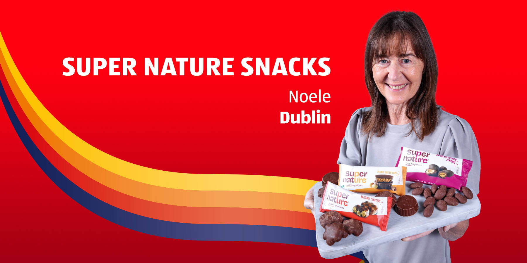 Super Nature Snacks product display on red