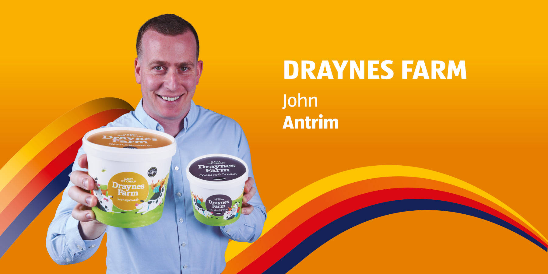 Draynes Farm dairy products with vibrant design
