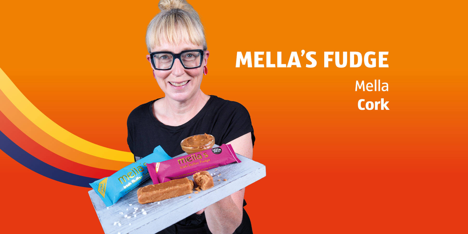 Mella's Fudge product display with packaging