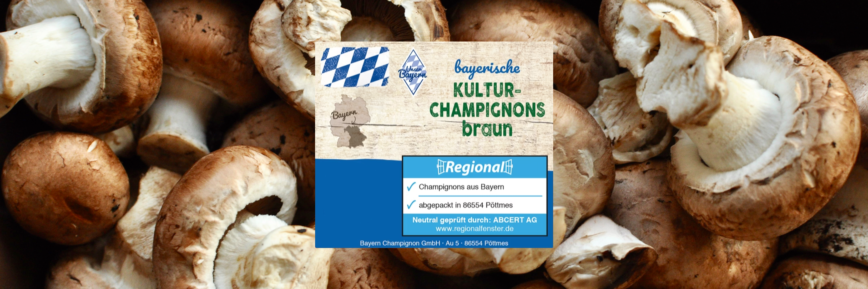 Braune Kultur-Champignons mit Regional-Siegel.