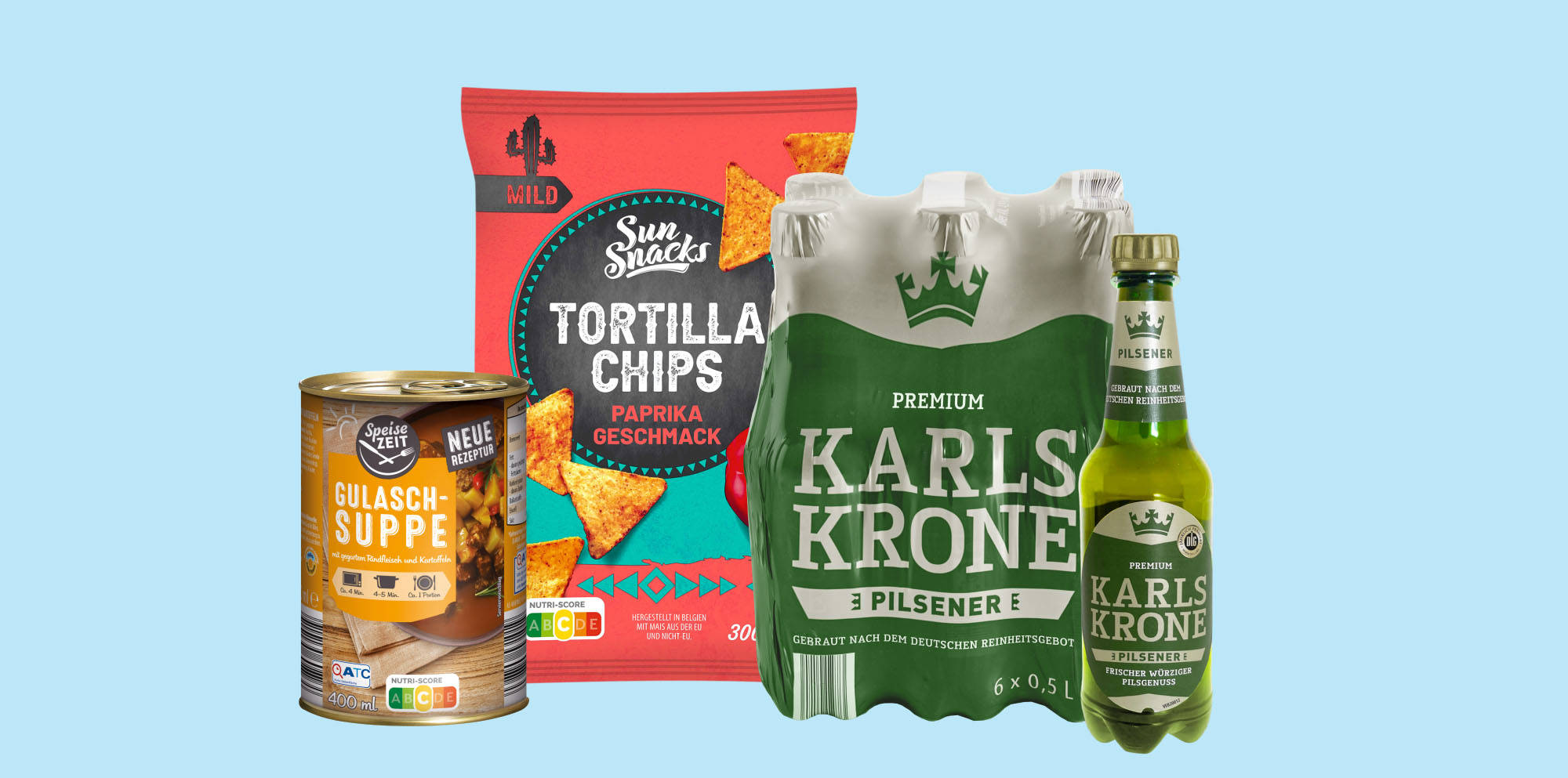 Tortilla-Chips, Pilsbier und eine Auswahl an Gulaschsuppen