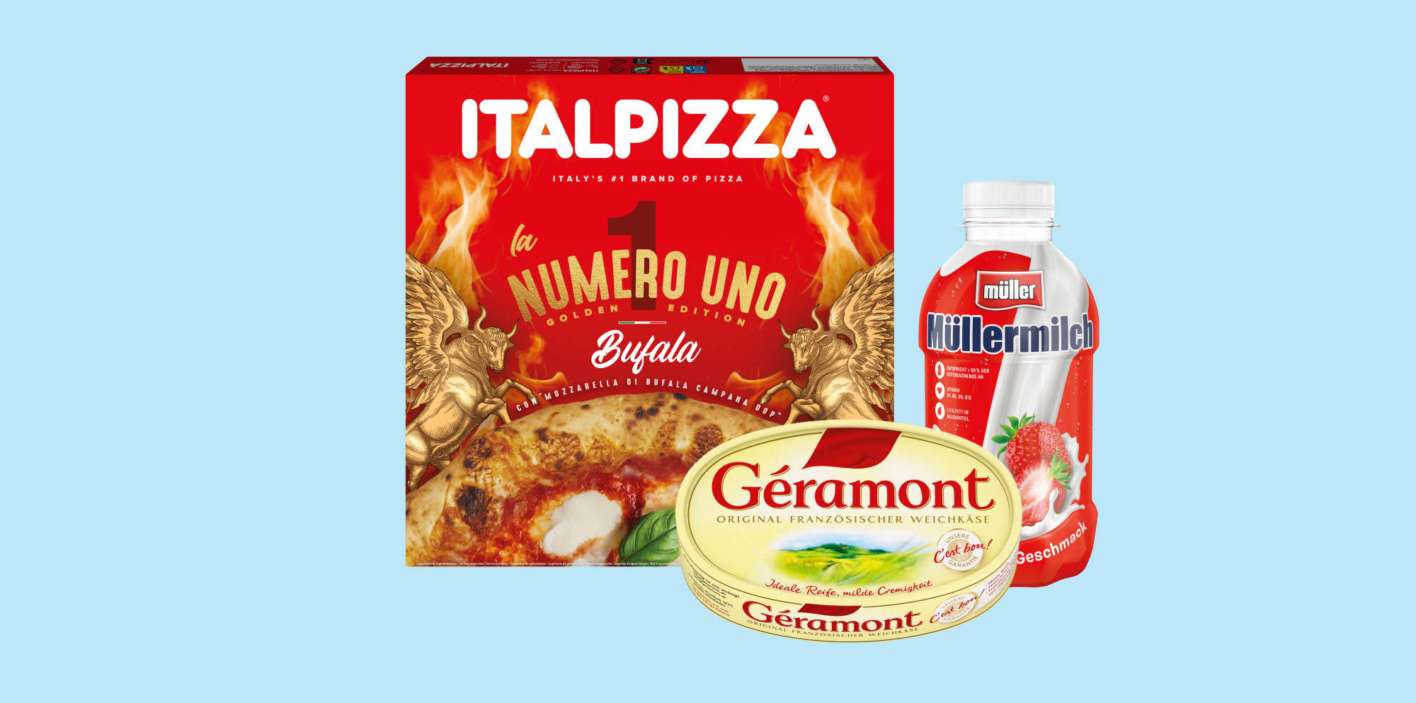 Italpizza, Géramont Käse und Müllermilch mit Erdbeergeschmack