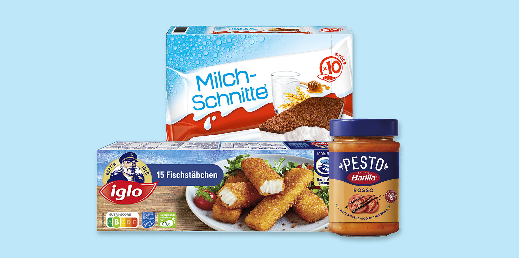 Gemischte Lebensmittel auf blauem Hintergrund.