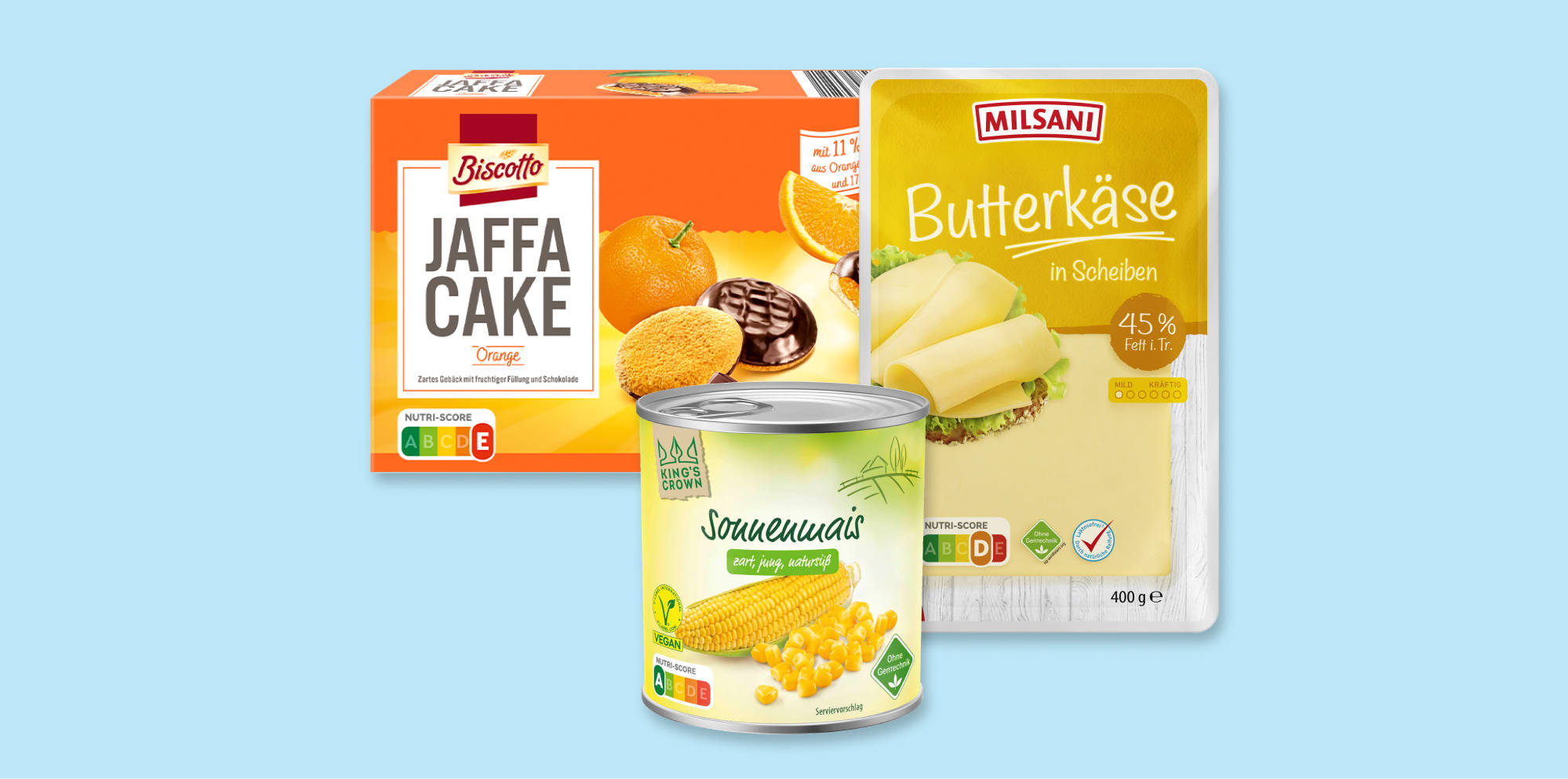 Gemischte ALDI SÜD Produkte auf blauem Hintergrund.