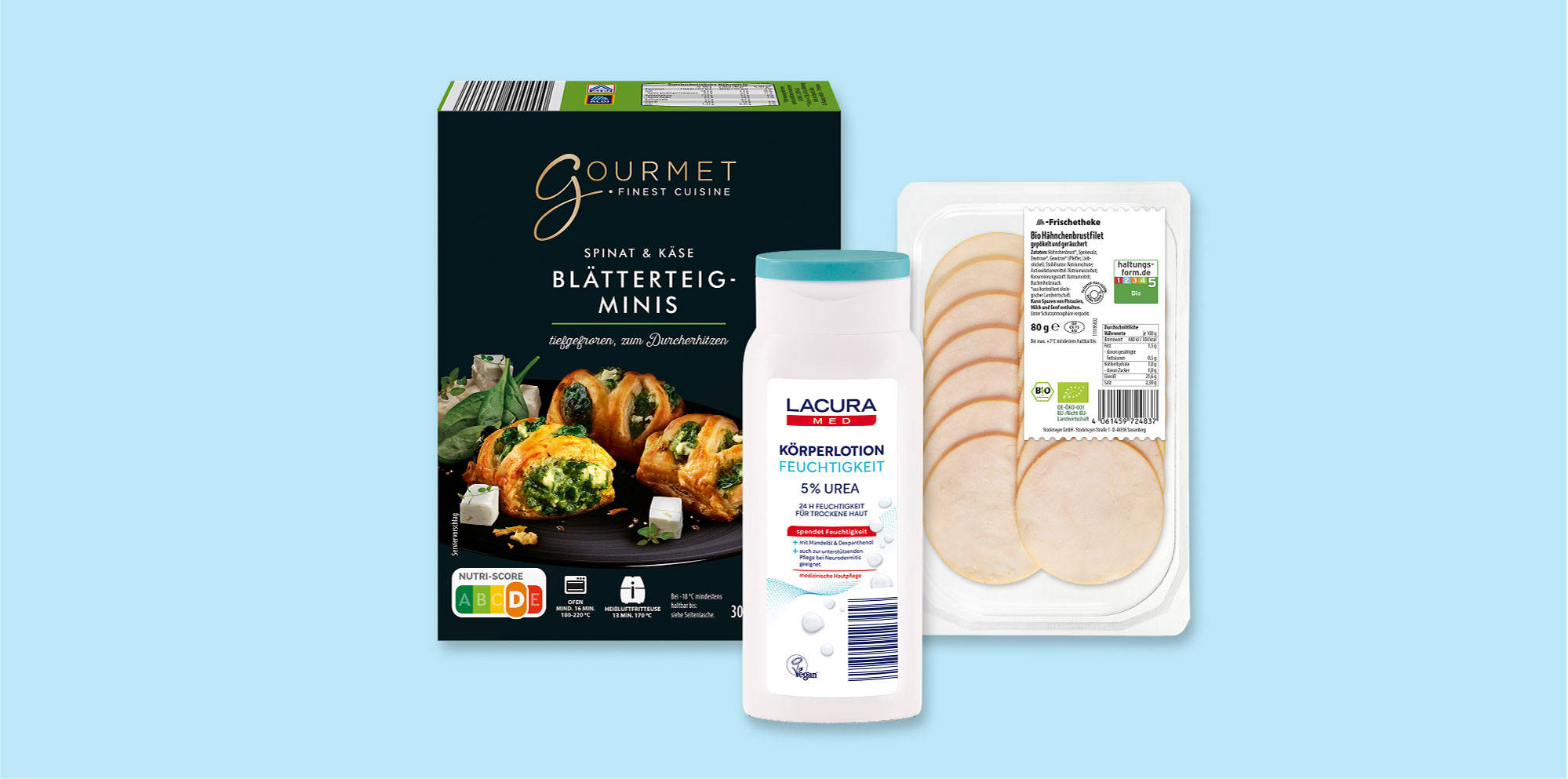 Gemischte ALDI SÜD Produkte auf blauem Hintergrund.