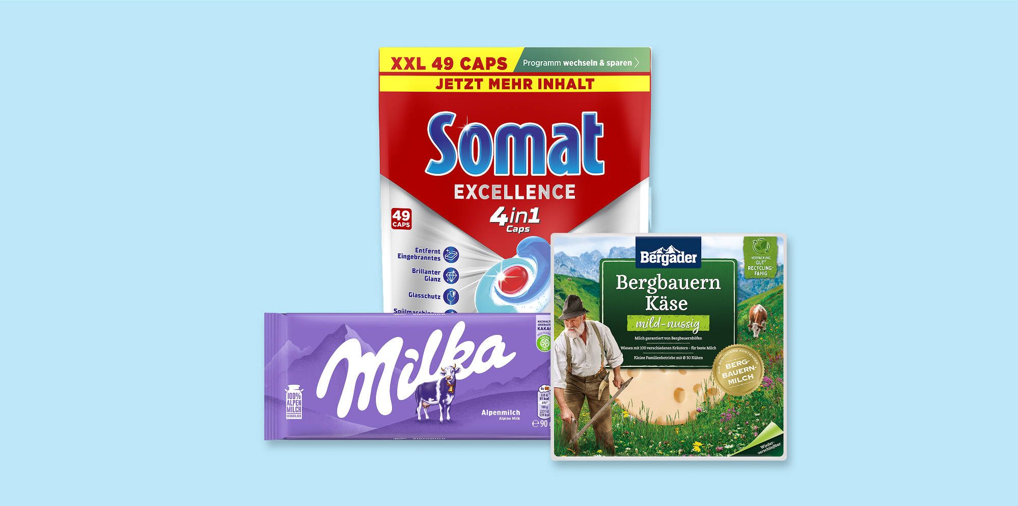 Gemischte Produkte auf blauem Hintergrund.