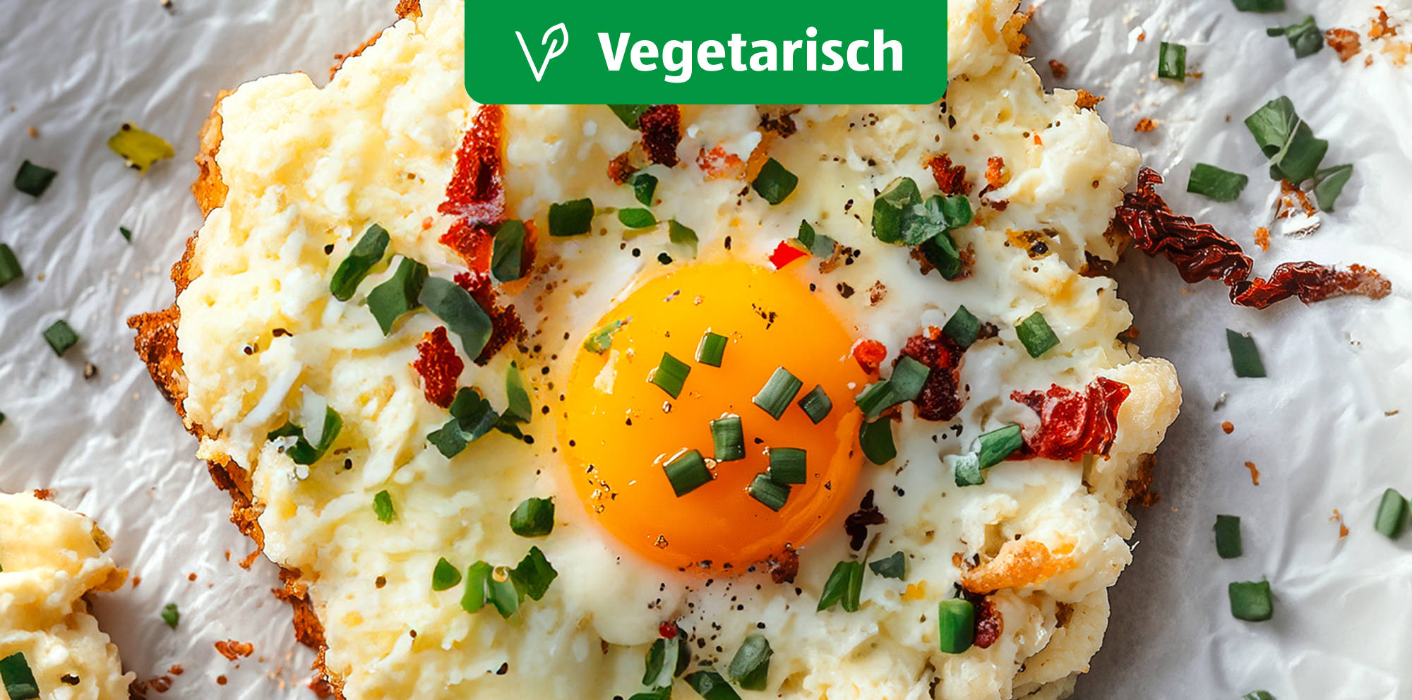 Vegetarisch überbackenes Ei mit Käse.