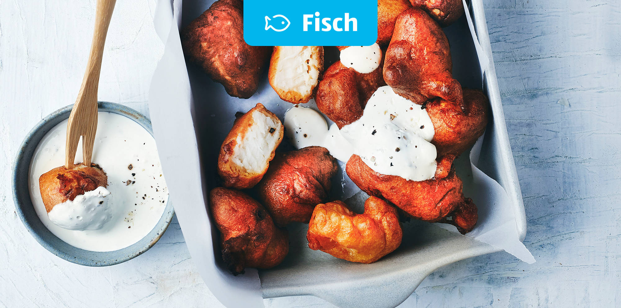 Kibbeling mit Knoblauch-Dip nach niederländischer Art.