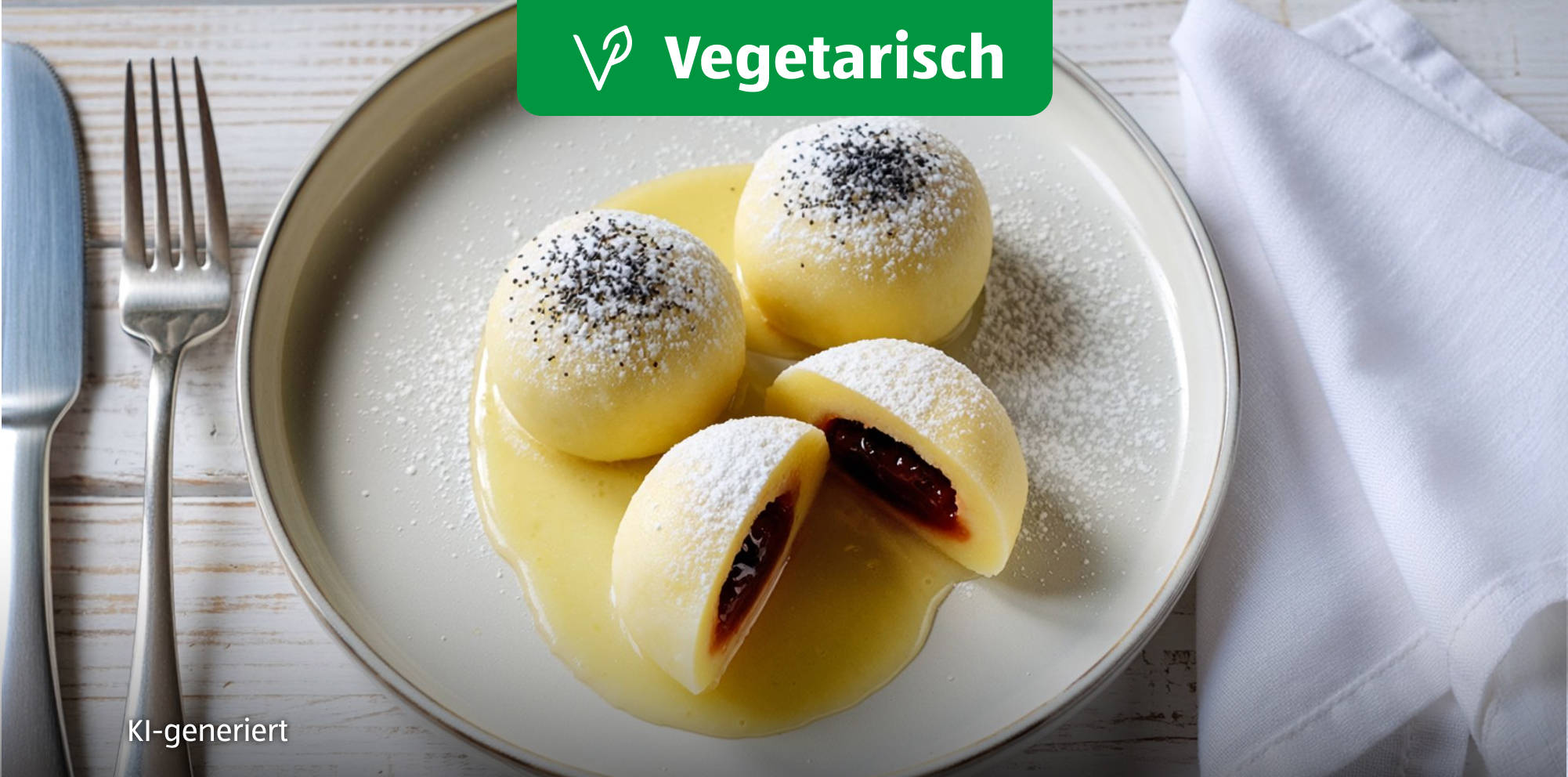 KI generiert Vegetarische Dessertknödel mit Vanillesoße.
