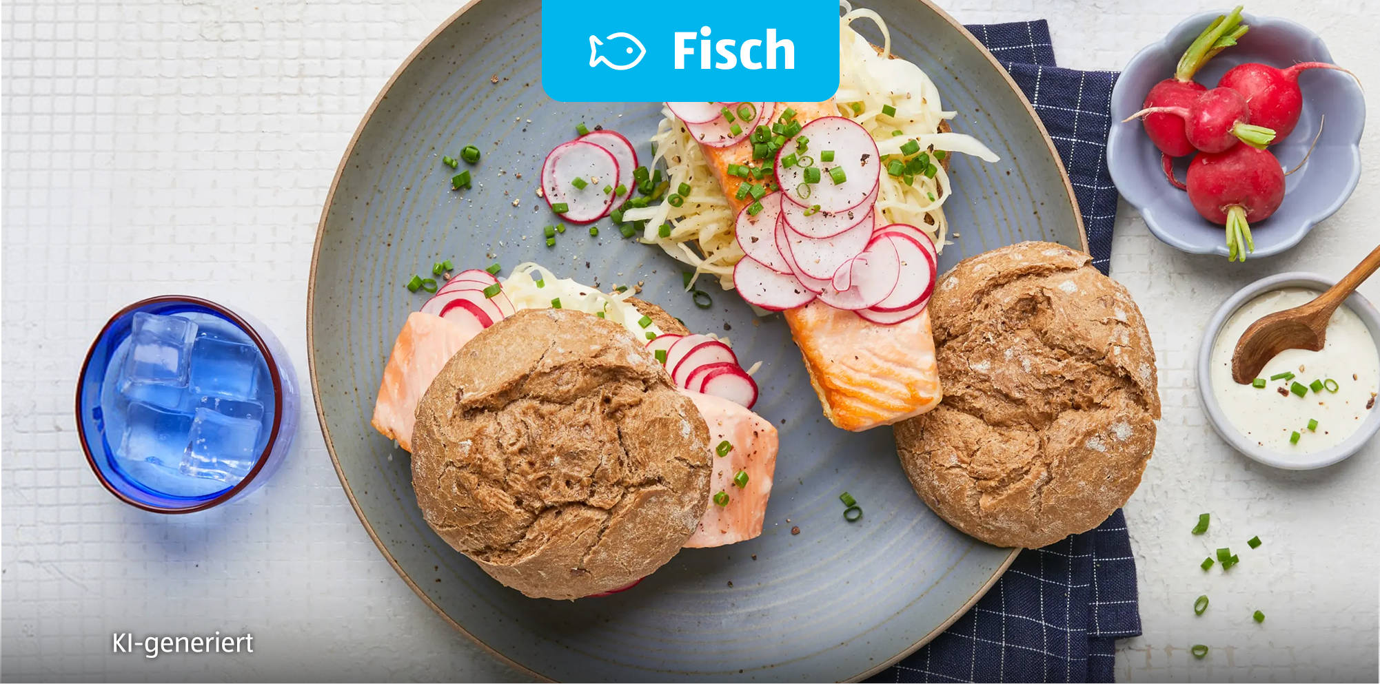 KI generiert Fischsandwiches mit Radieschensalat.