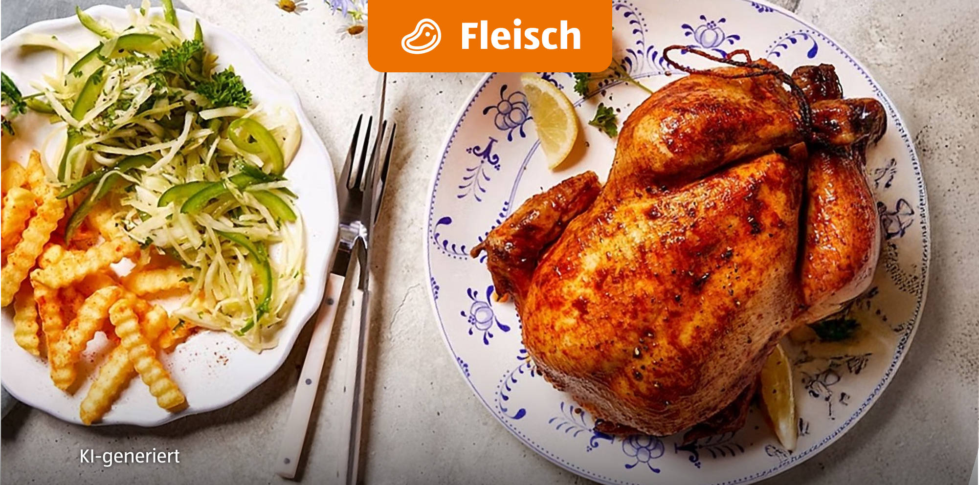 KI generiert Brathähnchen mit Pommes frites und Salat.