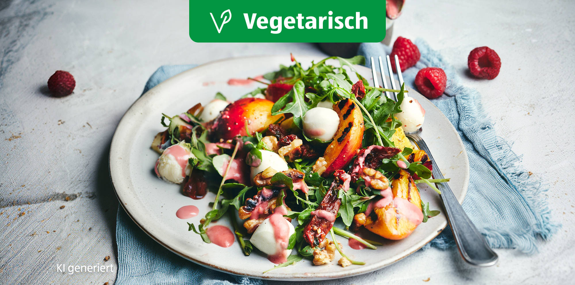 Rucola-Salat mit Grill-Pfirsich und Himbeerdressing.