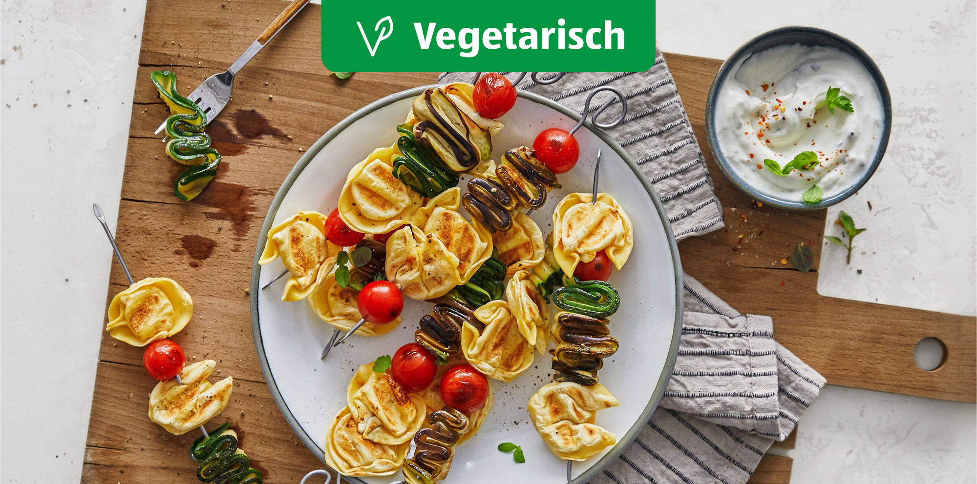 Tortelloni-Gemüse-Spieße vom Grill.