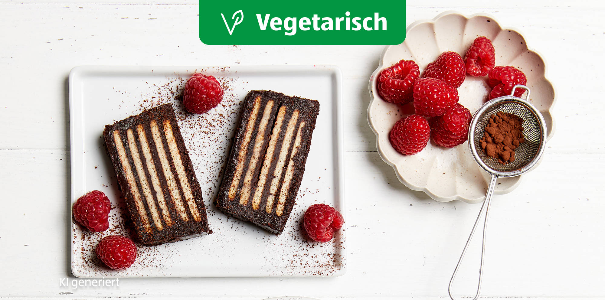 Vegetarische Schokoladenkeksschnitten mit Himbeeren.
