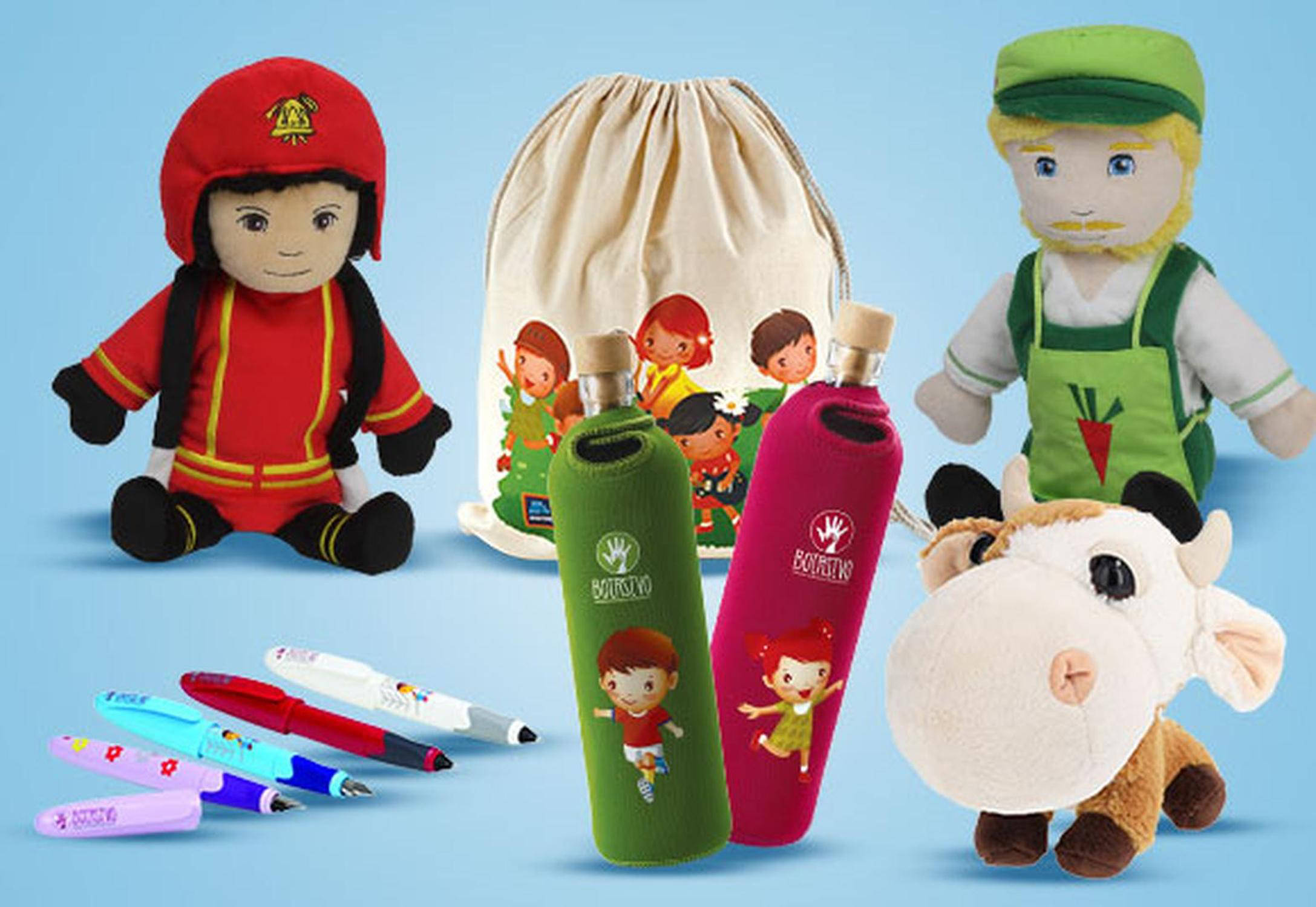 Medvedki, pisala, ročne lutke, plišaste živalice, flaške projekta Botrstvo