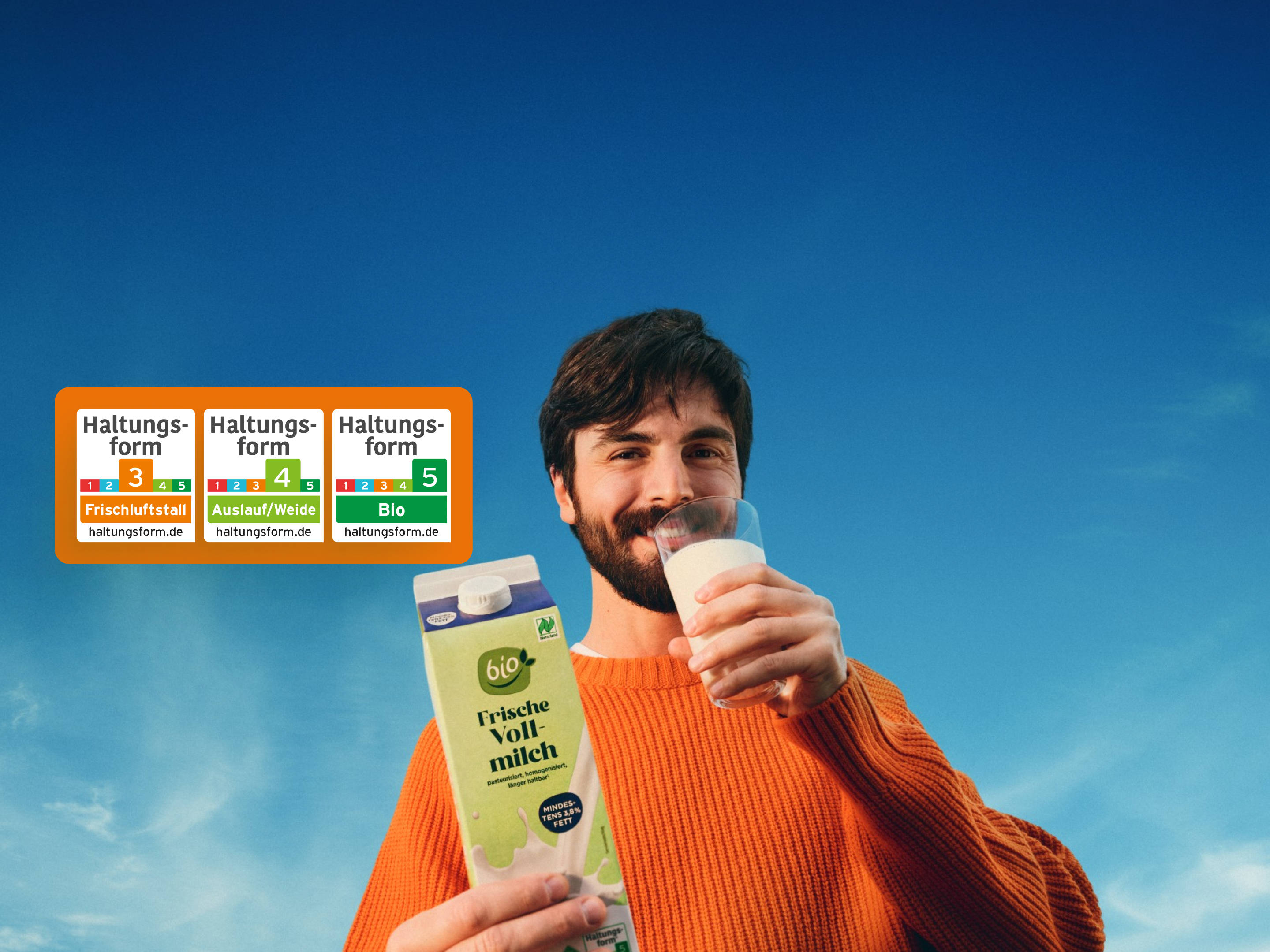 Person mit Bio-Vollmilch und Glas Milch neben den Haltungsform-Stufen 3, 4 und 5.