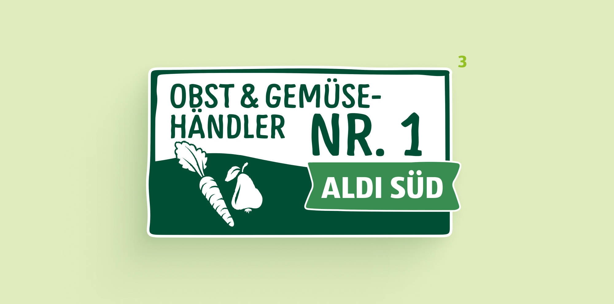 Siegel „Obst- & Gemüsehändler Nr. 1 ALDI SÜD“ auf grünem Hintergrund.