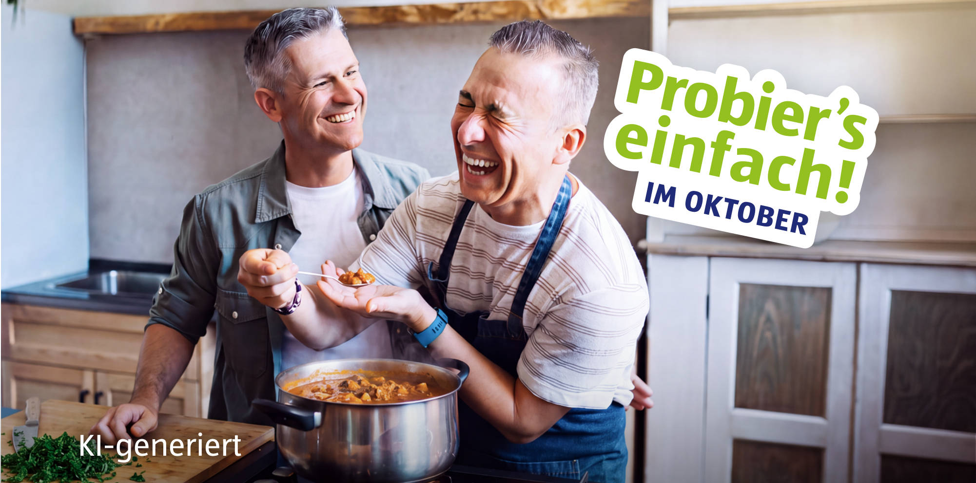 KI-generiert Zwei Personen kochen gemeinsam in einer Küche; daneben steht der Schriftzug „Probier’s einfach! Im Oktober“