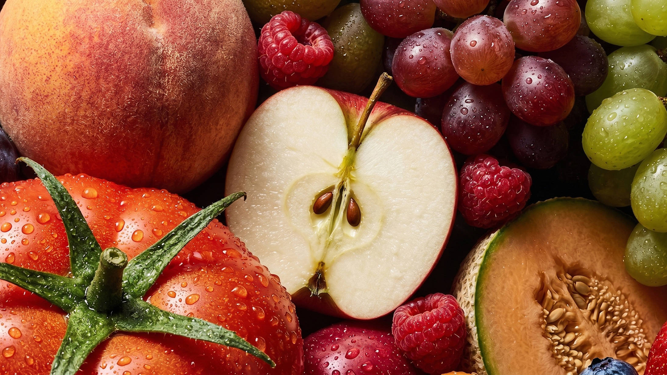 Verschiedene frische Obst- und Gemüsesorten mit Wassertropfen.