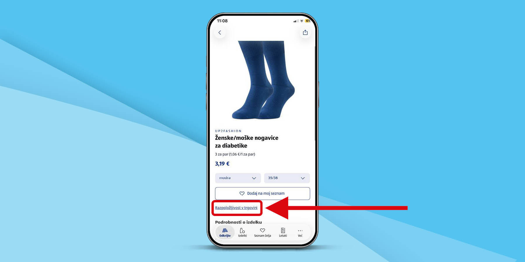 Zaslon s puščico, ki prikazuje opis koraka