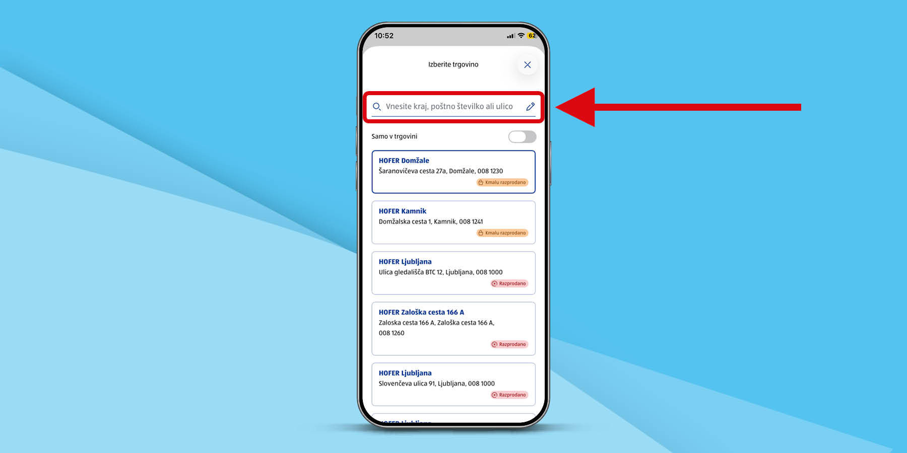 Zaslon s puščico, ki prikazuje opis koraka
