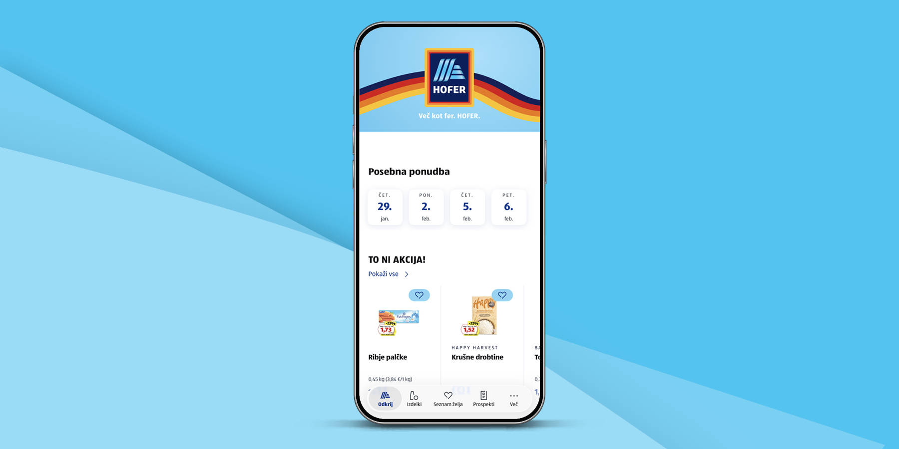 Telefon na modrem ozadju, ki na zaslonu prikazuje HOFERjevo aplikacijo za iOS in Android