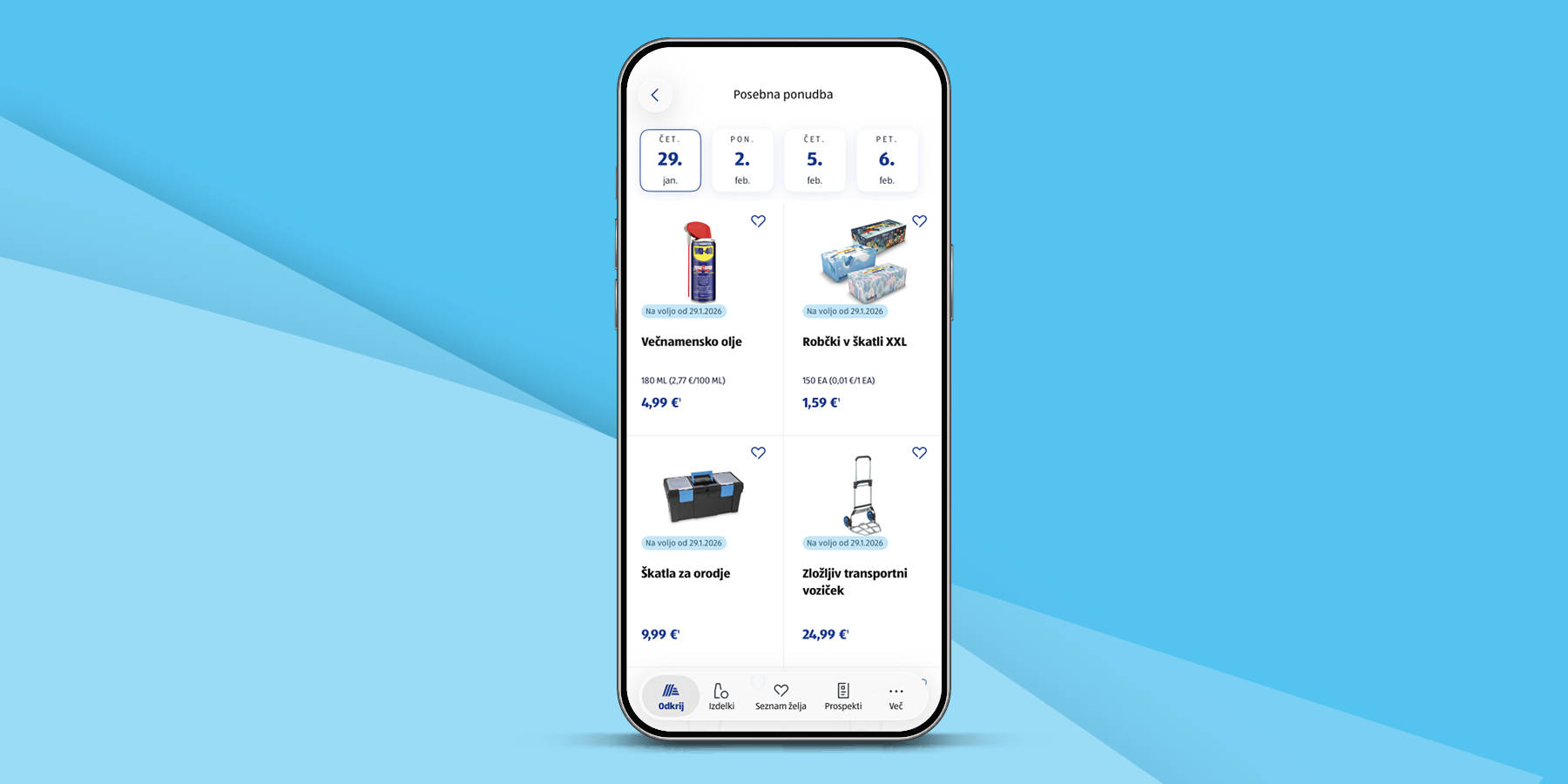 Telefon prikazuje domačo stran HOFER aplikacije s pregledom ponudbe