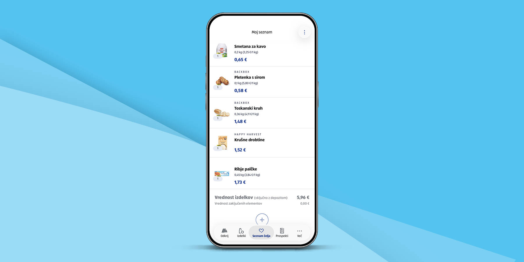 Telefon prikazuje nakupovalni seznam, ki ga lahko ustvarite v HOFER aplikaciji