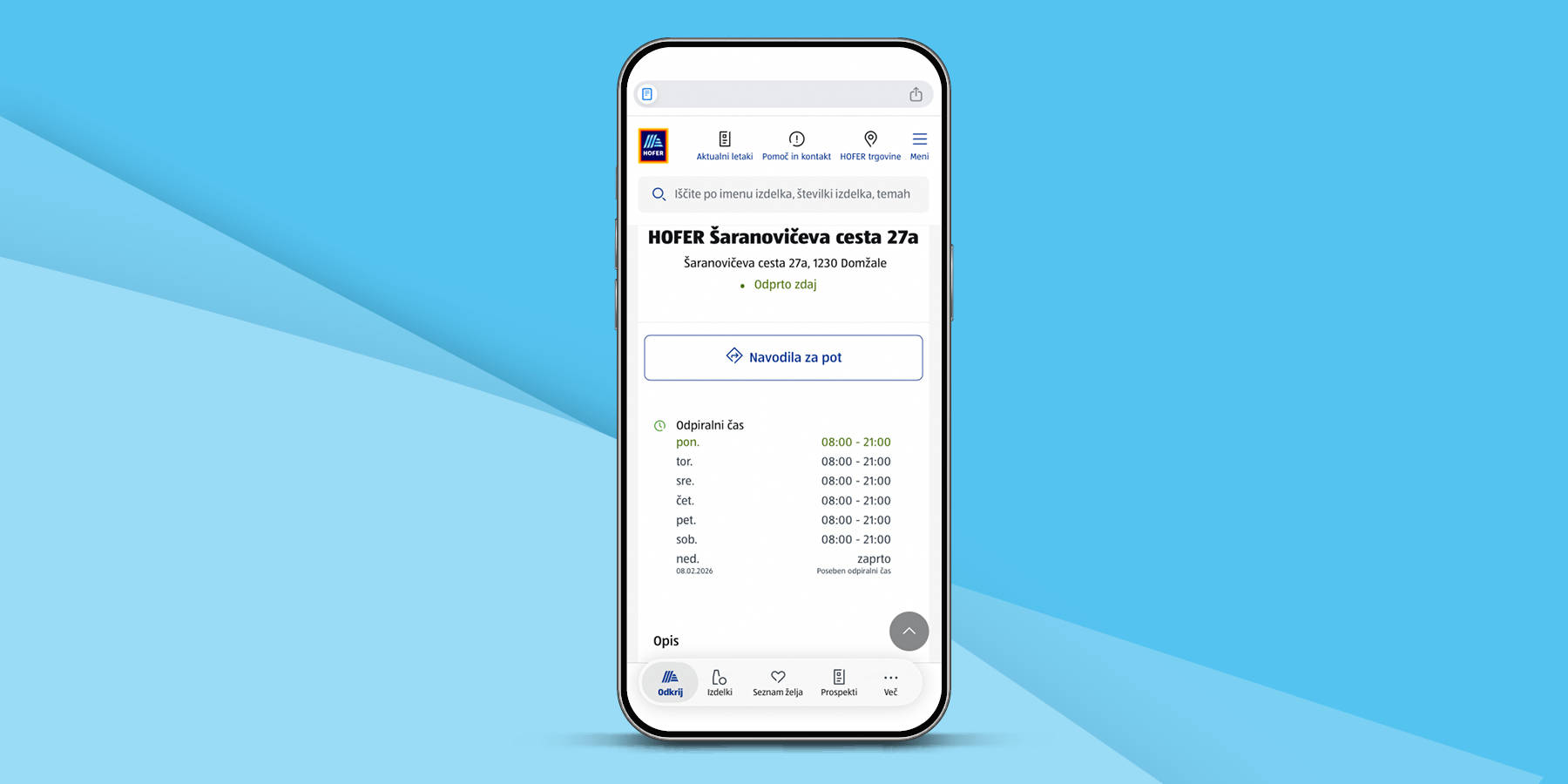Telefon prikazuje zemljevid znotraj HOFER aplikacije, ki omogoča enostavno iskanje HOFER trgovin