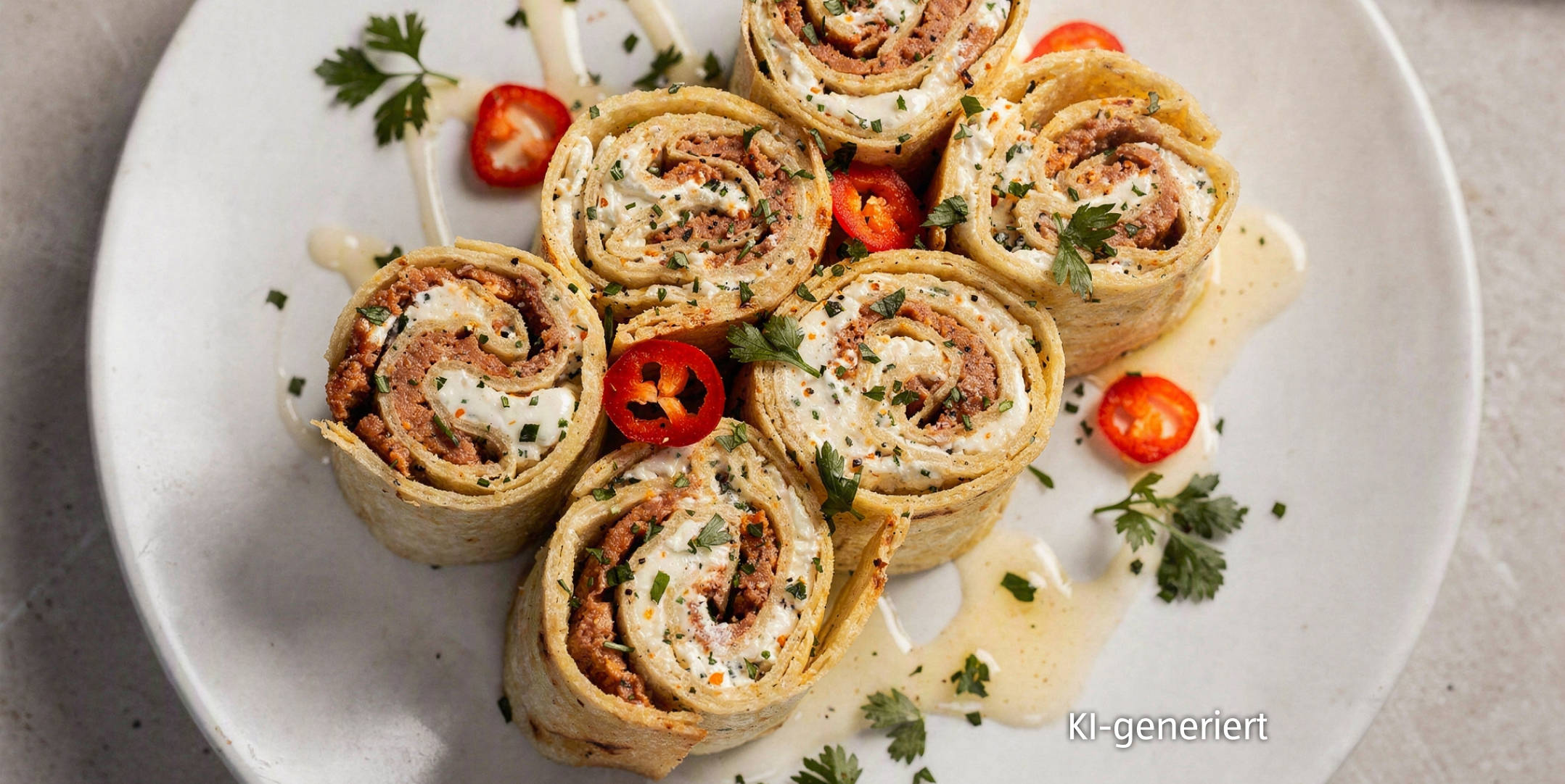 KI-generiert Serviervorschlag: Gefüllte Tortilla-Rollen mit Chorizo und Frischkäse