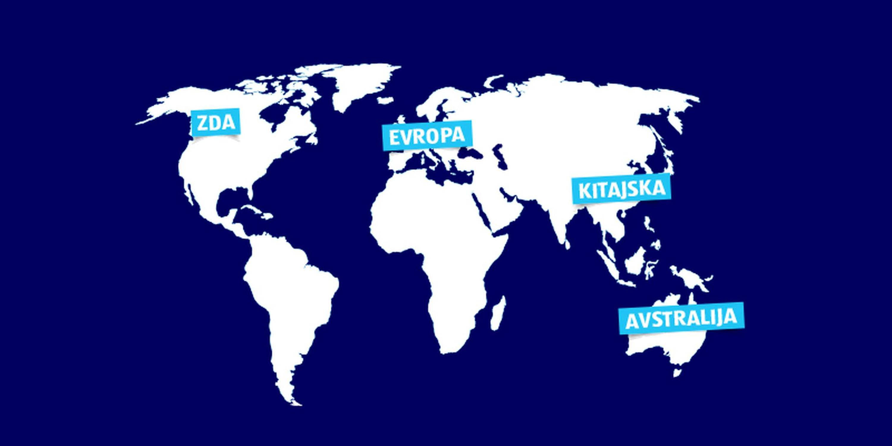 Zemljevid sveta na modri podlagi s poimenovanjem komtinentov